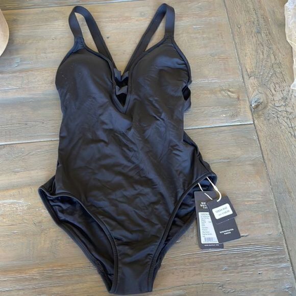 Anthropologie SeaFolly Black Active Deep V One-Piece Swimsuit US 6 & 12 - Picture 3 of 7